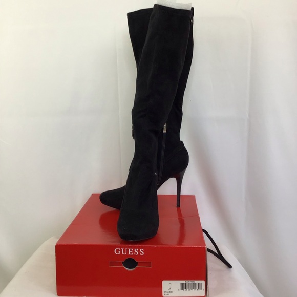 GUESS WOMEN GOTH BLACK SOFT SUADE SQUARE TOE LONG KNEE LENGTH HEEL BOOTS SIZE 6M - Picture 2 of 7
